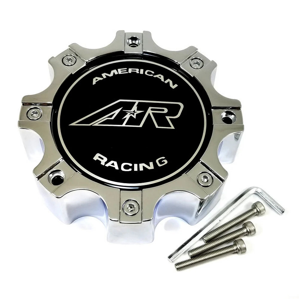 American Racing M564AR chrome center cap featured in an OEM versus aftermarket comparison