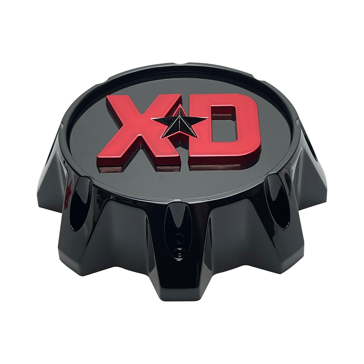XD T167L1708S9-H50 gloss black center cap with red logo, side and depth view