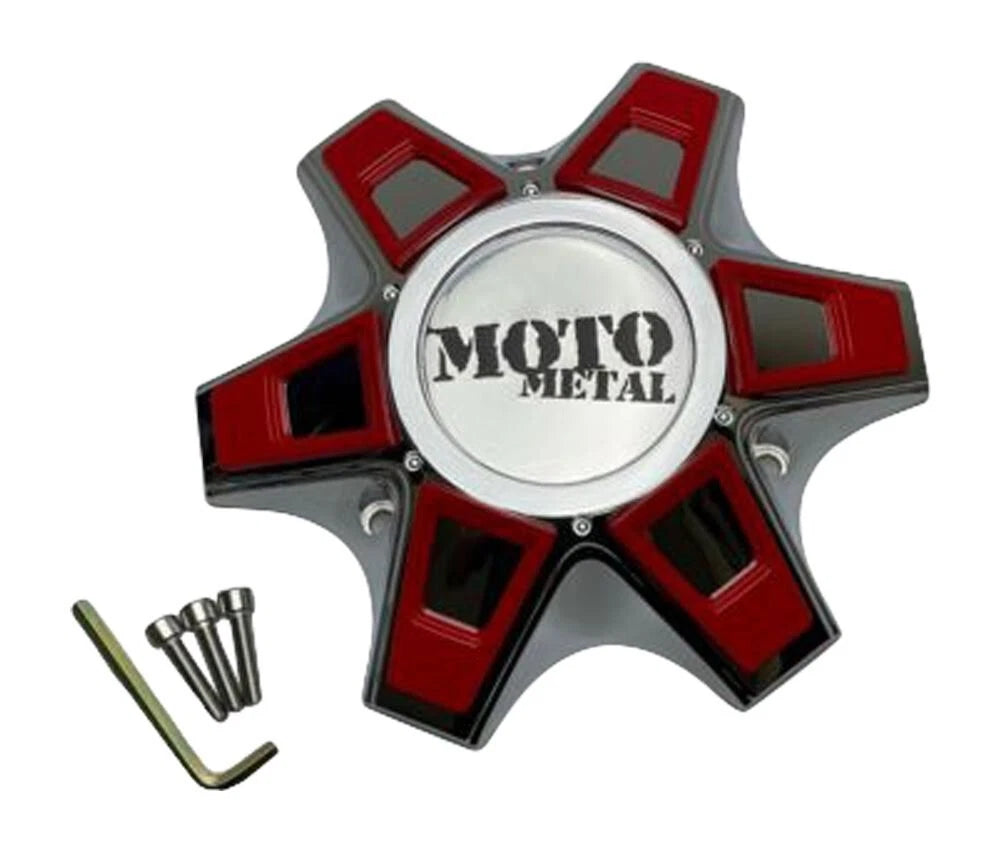 Moto Metal MO969 chrome wheel center cap with red inserts and screws, part M-946CH