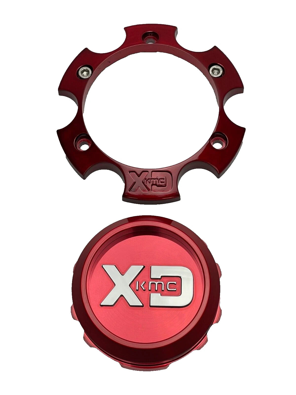 XD Series XD844L1406RD-H30 red and chrome bolt-on wheel center cap components on a white background